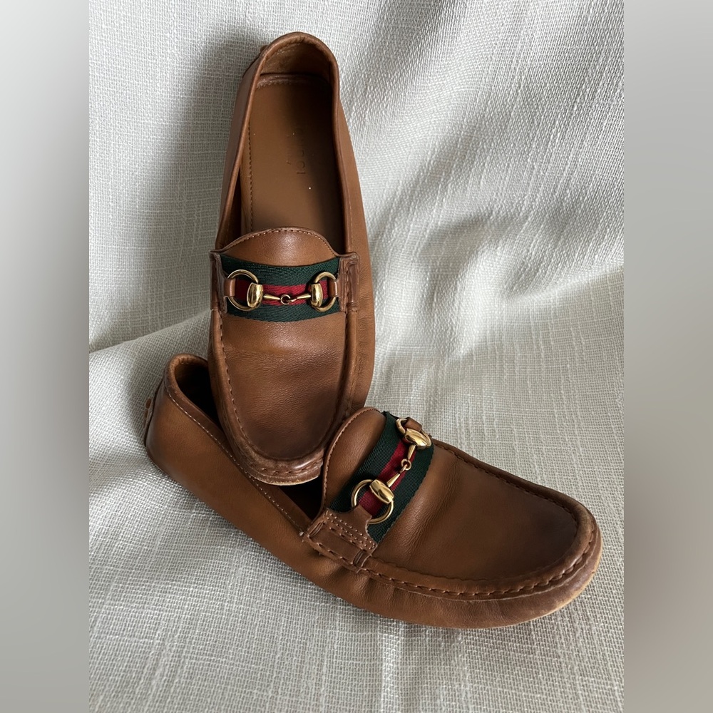 Gucci Brown Leather Loafers with Gold and Green Details
